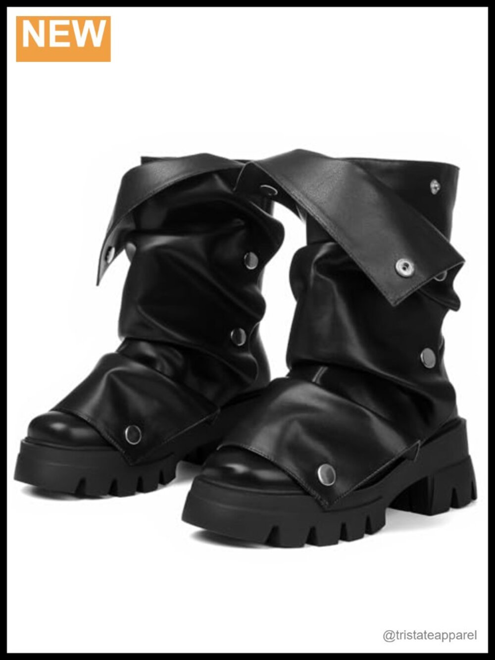 Slouchy Fold-Over Platform Combat Boots for Women, Mid-Calf Chunky Heel Pull-On